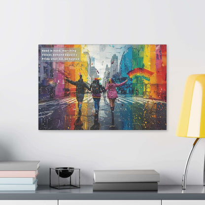 Vibrant City Parade Canvas Wall Art illustrating unity and equality with people marching, inspired by a determined haiku.