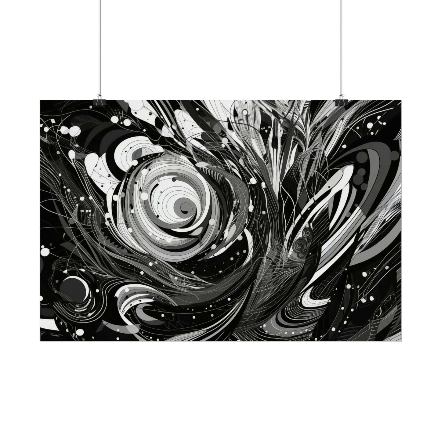 The Vortex of Silence: Intricate Black & White Swirling Abstract Poster Wall Art by Printify features a captivating abstract image. The design, "Vortex of Silence," presents concentric circular patterns resembling a vortex at its center, rendered in a precisionist art style. This central motif is surrounded by intricate detailing with flowing irregular lines and scattered dots, resulting in a dynamic black and white visual impression.