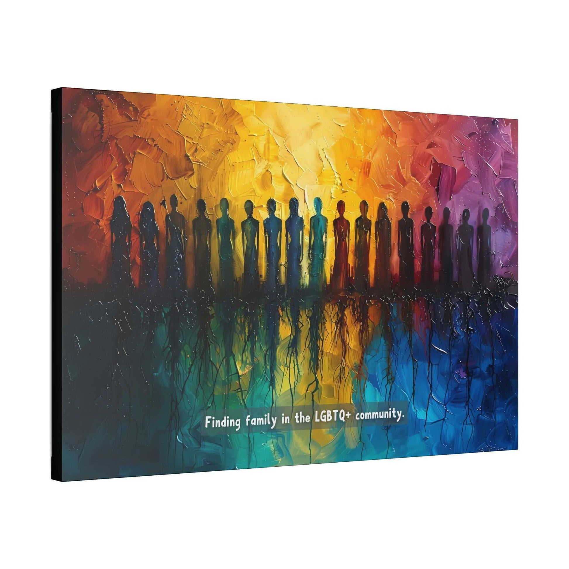 A vivid canvas from Printify, titled "Roots of Pride: Inspiring Gay Pride Canvas Wall Art," depicts a diverse group of silhouetted figures standing in a row. The background transitions seamlessly from warm oranges and yellows to cool blues, reflecting the figures below. Text reads: "Finding unity and pride in the LGBTQ+ community.