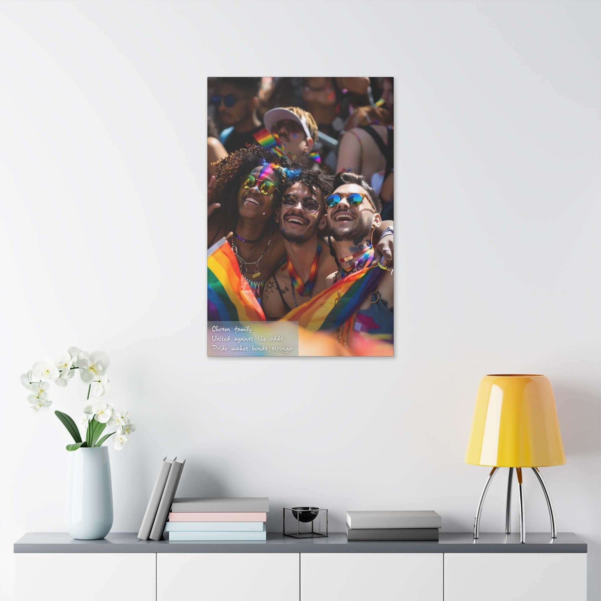 Canvas wall art featuring a jubilant group of friends celebrating Pride with rainbow accessories, symbolizing joy, unity, and resilience.