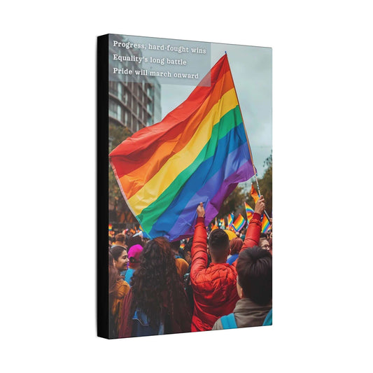 Canvas wall art featuring individuals waving a rainbow flag at a Pride parade, symbolizing progress and resilience, inspired by a haiku.