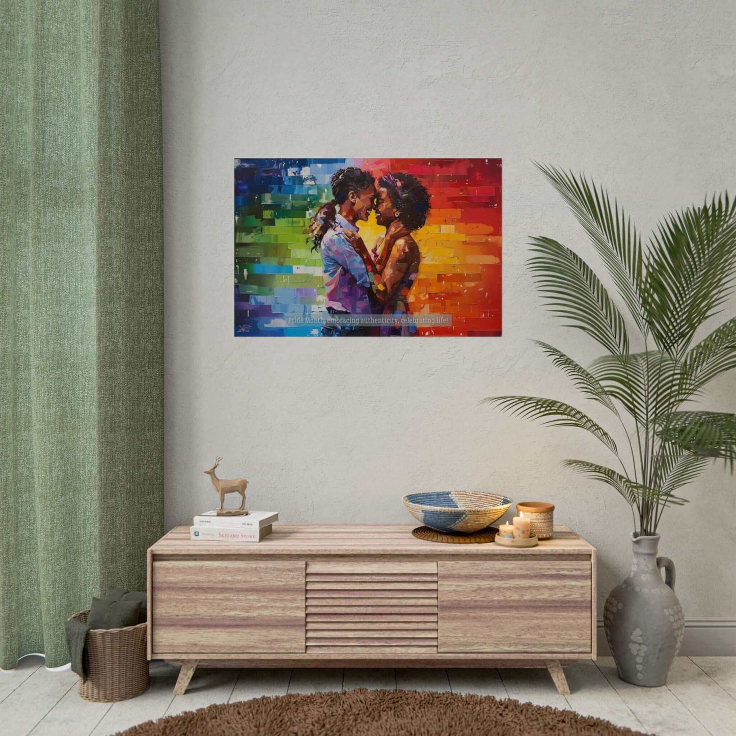 The Exuberant Gay Pride Poster Wall Art by Printify showcases a vivid, rainbow-hued painting of two women sharing an affectionate embrace, their eyes locked with love. The background transitions through a spectrum of rainbow colors. A heartfelt message at the bottom reads, "Pride Month: embracing authenticity, celebrating life!" This dynamic artwork beautifully captures the essence of the LGBTQ+ community.