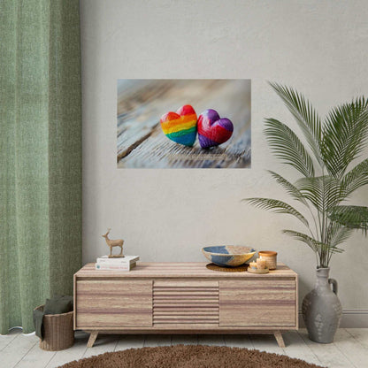 Two small wooden hearts on a wooden surface. The left heart is painted with rainbow colors, and the right heart has a gradient mix of red, purple, and blue. Below the hearts is the text "Celebrating love in all its forms," embracing pride and diversity. This artwork perfectly captures the essence of Printify's "Love in All Forms: Beautiful Gay Pride Poster Wall Art, Inspired by Heartfelt 6-Word Story | PR-6W-007p.