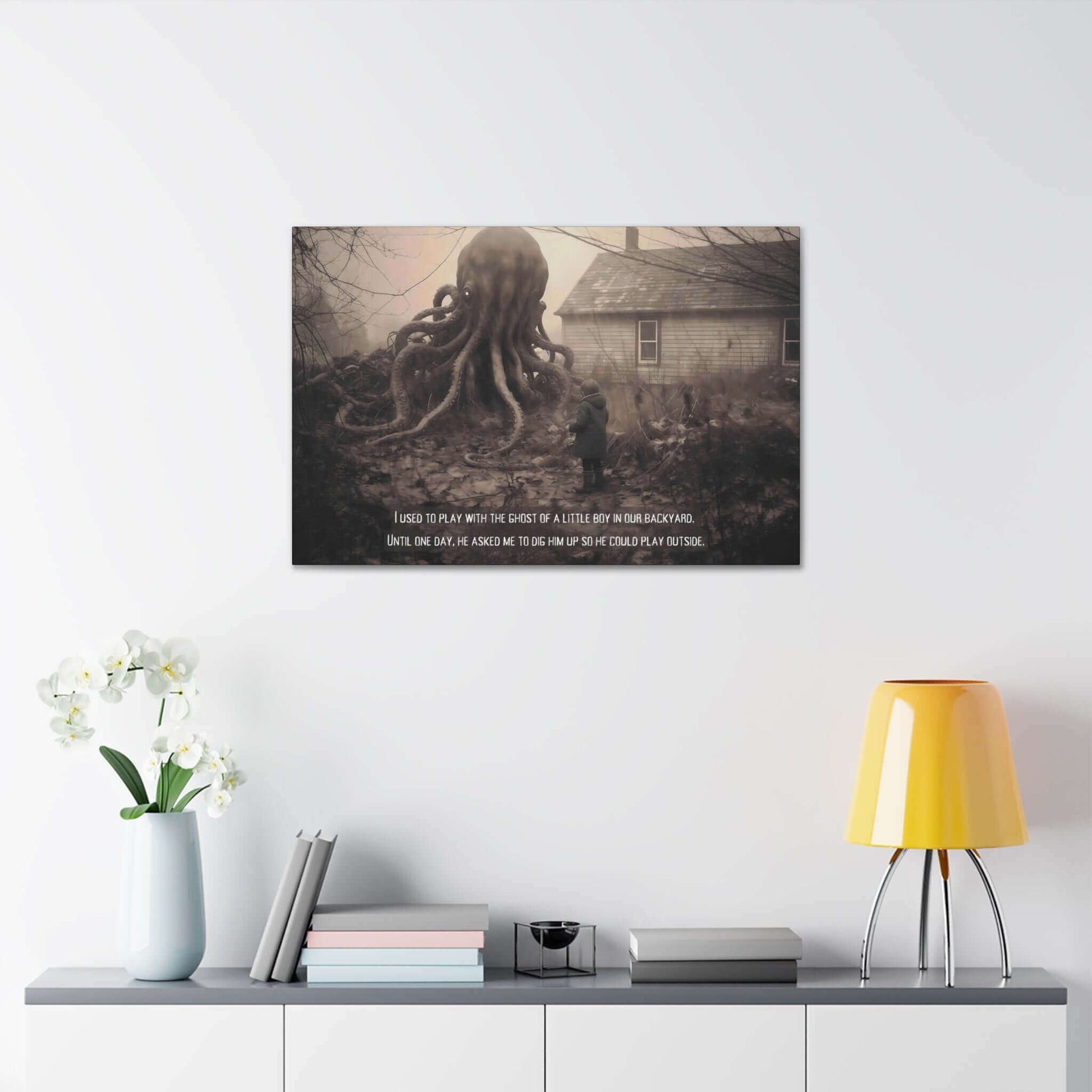 A surreal, haunting piece titled *Come Play With Me: Macabre Lovecraftian Canvas Wall Art with Haunting 2-Sentence Horror Story* from Printify depicts a large octopus-like creature with multiple tentacles in a foggy backyard near a house. A person in a hooded coat stands facing the Lovecraftian horror, while the eerie text reads, "I used to play with the ghost of a little boy in our backyard. Until one day, he asked me to dig him up so he could play.