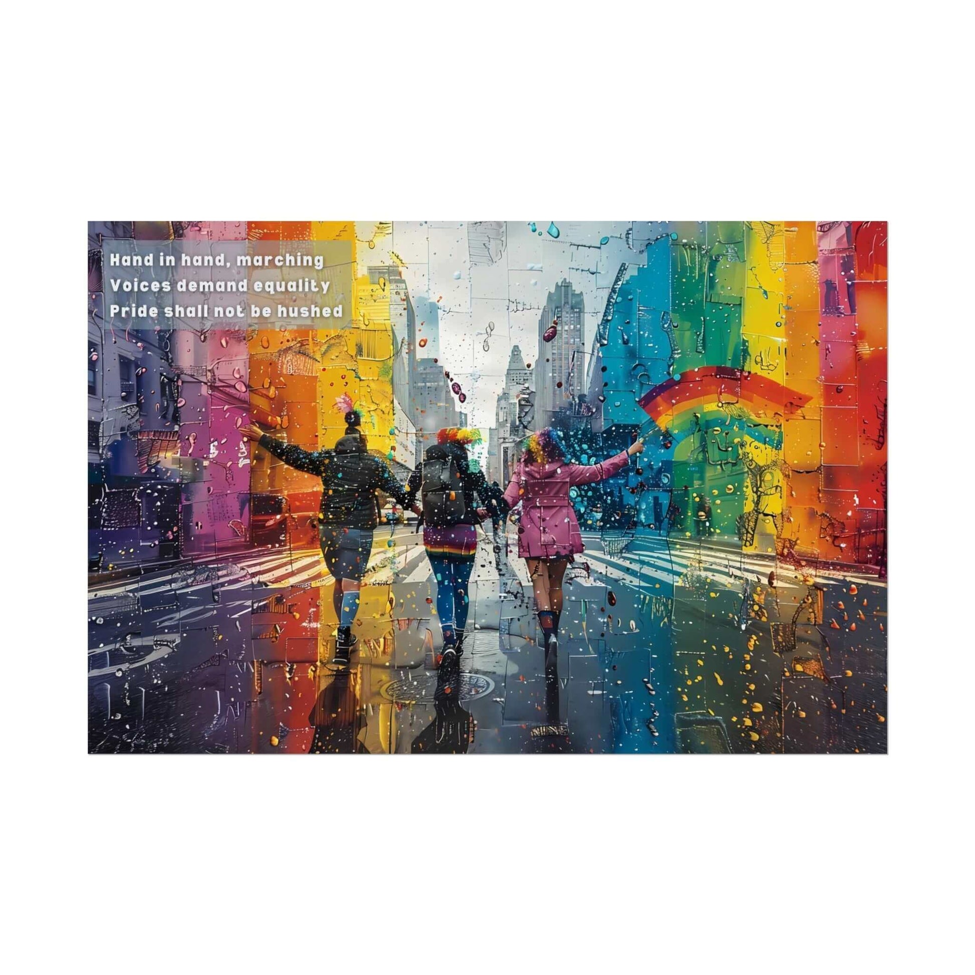 Vibrant city parade poster wall art celebrating pride, equality, and unity. Inspired by haiku, three people hand in hand march in colorful rain.