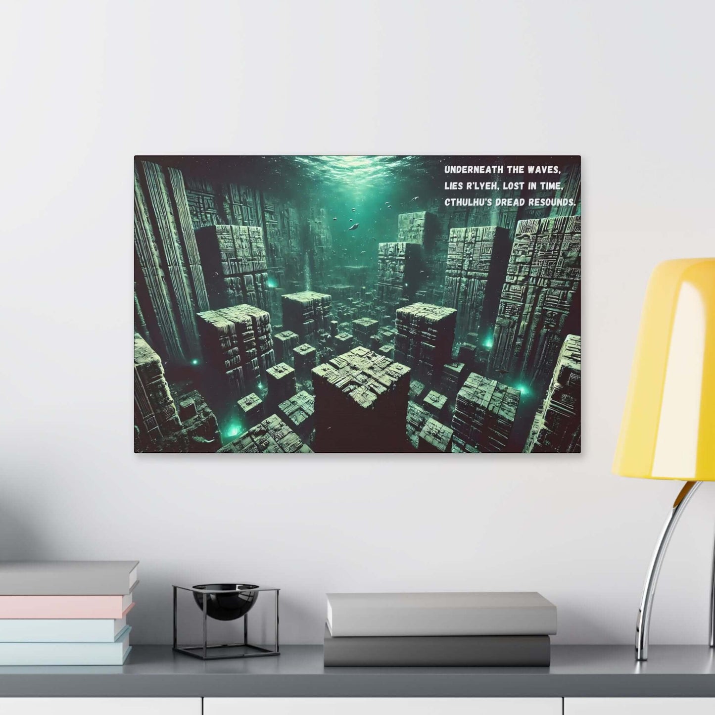 Submerged R'lyeh deep-sea haiku canvas wall art depicting cyclopean ruins and an eerie ocean atmosphere with Cthulhu's haunting presence.