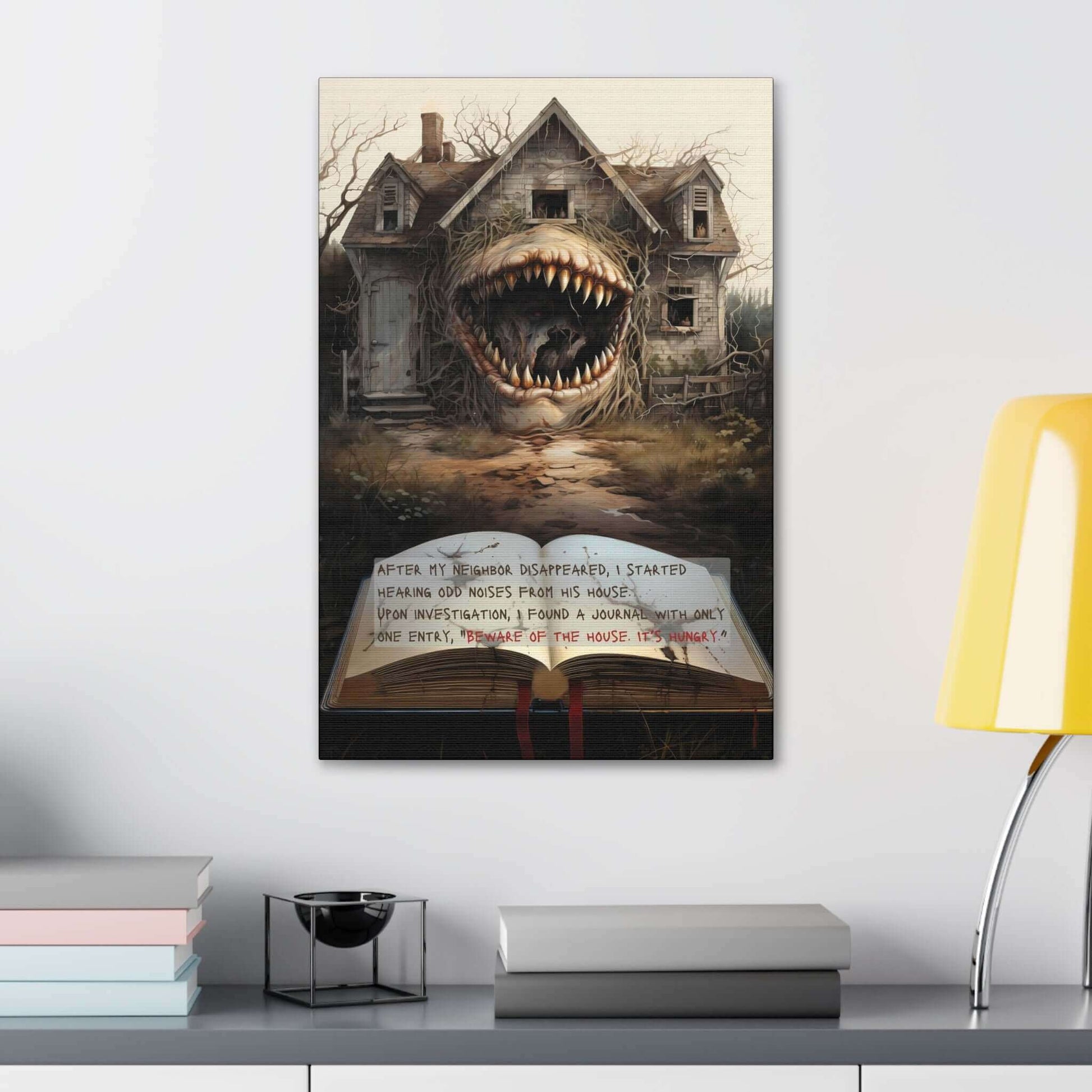 Titled "The House Hungers: Nightmare Canvas Wall Art with 2-Sentence Horror Story" by Printify, this surrealistic painting depicts a spooky, dilapidated house with a monstrous, wide-open mouth as its entrance. In the foreground lies an old book that ominously states: "AFTER MY NEIGHBOR DISAPPEARED, I STARTED HEARING ODD NOISES FROM HIS HOUSE. UPON INVESTIGATION, I FOUND A JOURNAL.”