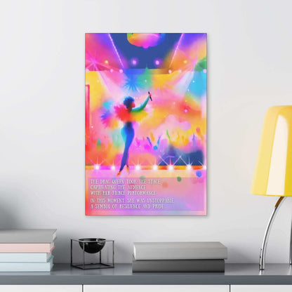 Title: Unstoppable Pride: Radiant Gay Pride Canvas Wall Art, Inspired by Fierce 2-Sentence Story | PR-2S-005c

Description: A vibrant illustration showcases a drag queen on stage, microphone in hand, exuding resilience amidst a colorful, dazzling background. Audience silhouettes cheer energetically. Text reads: "The drag queen took the stage, captivating the audience with her fierce performance and pride."

Brand Name: Printify