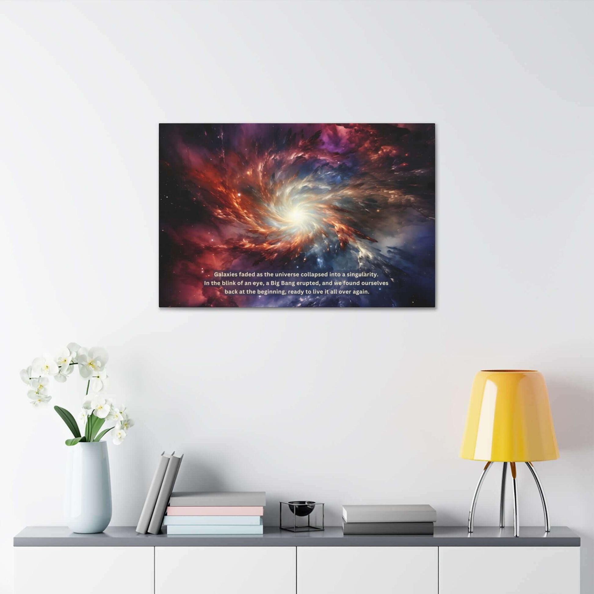 A vibrant portrayal of galaxy formation, featuring swirling bright lights and cosmic dust. The text overlay reads: "Galaxies faded as the universe collapsed into a singularity. In the blink of an eye, a Big Bang erupted in this Printify artwork, Cosmic Renaissance: Space Rebirth Canvas Wall Art with Intriguing 2-Sentence Story, and we found ourselves back at the beginning, ready to live it all over again.