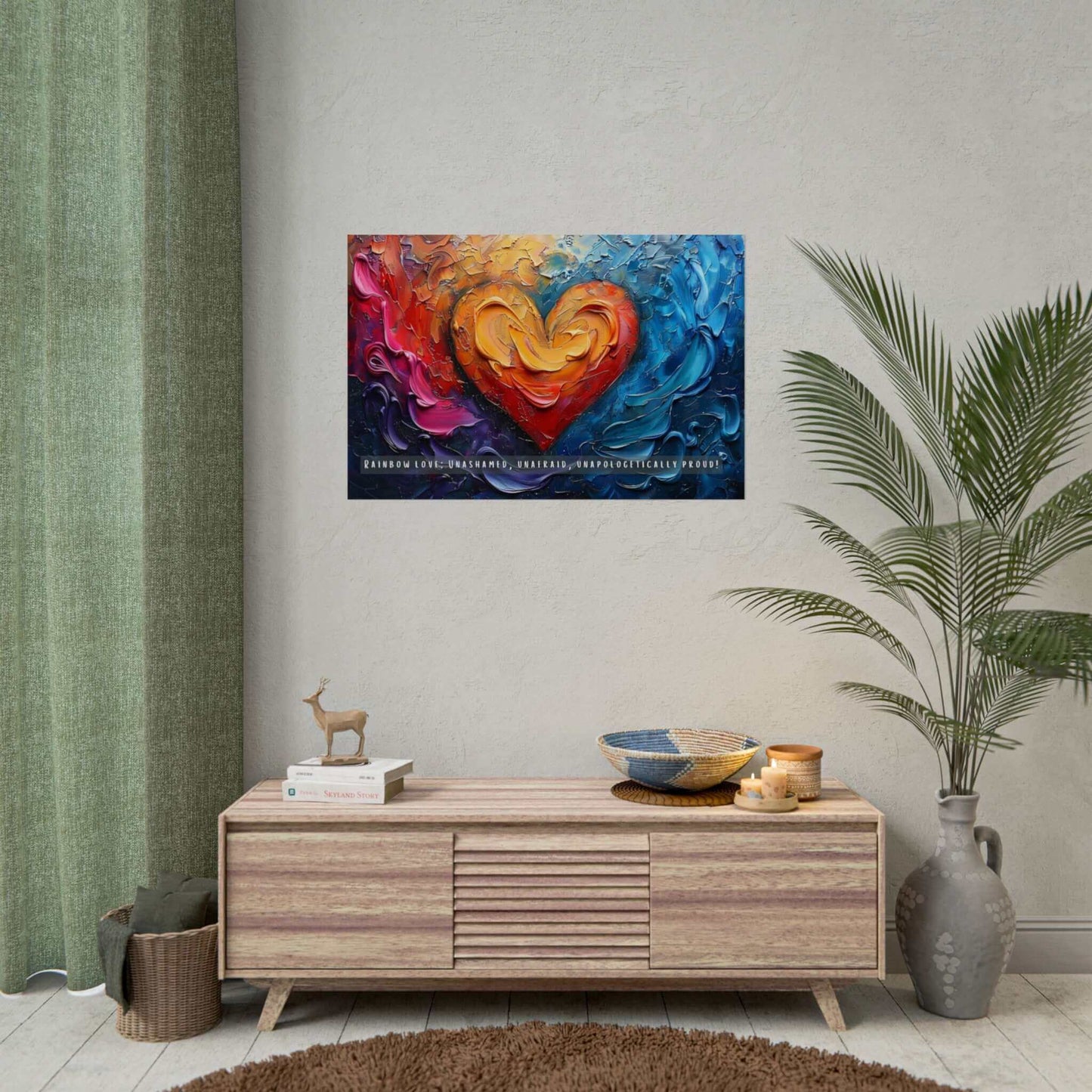 Presenting the Rainbow Love: Bold Gay Pride Poster Wall Art by Printify (PR-6W-004p). This vibrant abstract painting of a heart features swirling colors in red, orange, yellow, green, blue, and purple. The text at the bottom reads: "RAINBOW LOVE: UNASHAMED, UNAFRAID, UNAPOLOGETICALLY PROUD!"—a true celebration of the LGBTQ+ community.