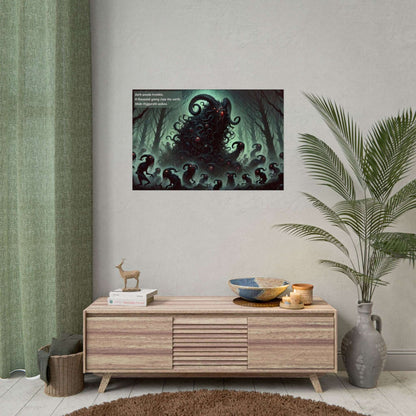 Dark Lovecraft Horror Poster Wall Art featuring Shub-Niggurath rising in dark woods with twisted trees and pale green sky, inspired by a haunting haiku.