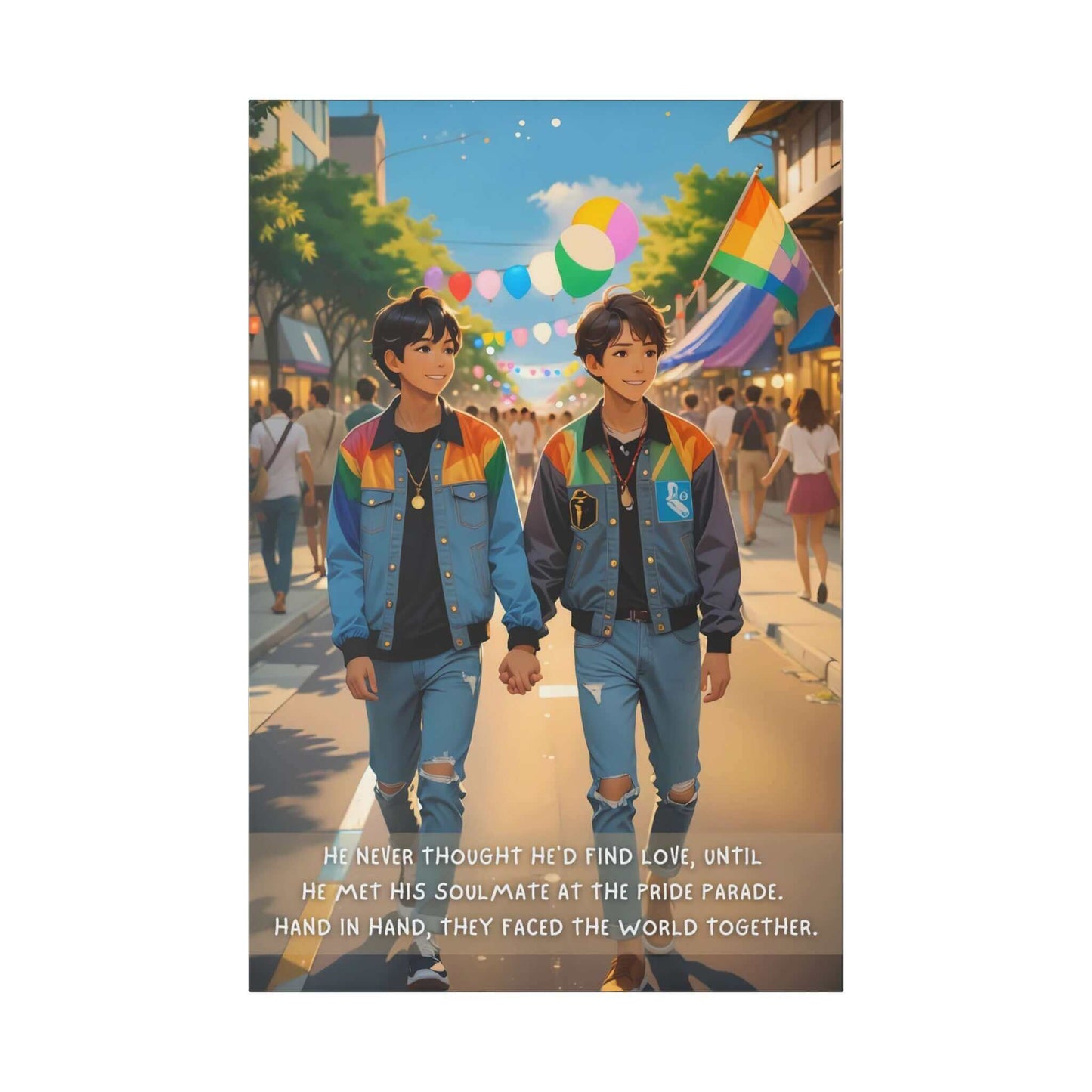 An illustration from Printify's "Soulmate Found: Joyful Gay Pride Canvas Wall Art, Inspired by Heartwarming 2-Sentence Story | PR-2S-003c" features two young men holding hands and walking at a Pride parade. They both wear blue jackets with pride flags behind them in a festive and colorful background. A caption reads, "He never thought he’d find love, until he met his soulmate within the LGBTQ+ community. Hand in hand, they faced the world together.