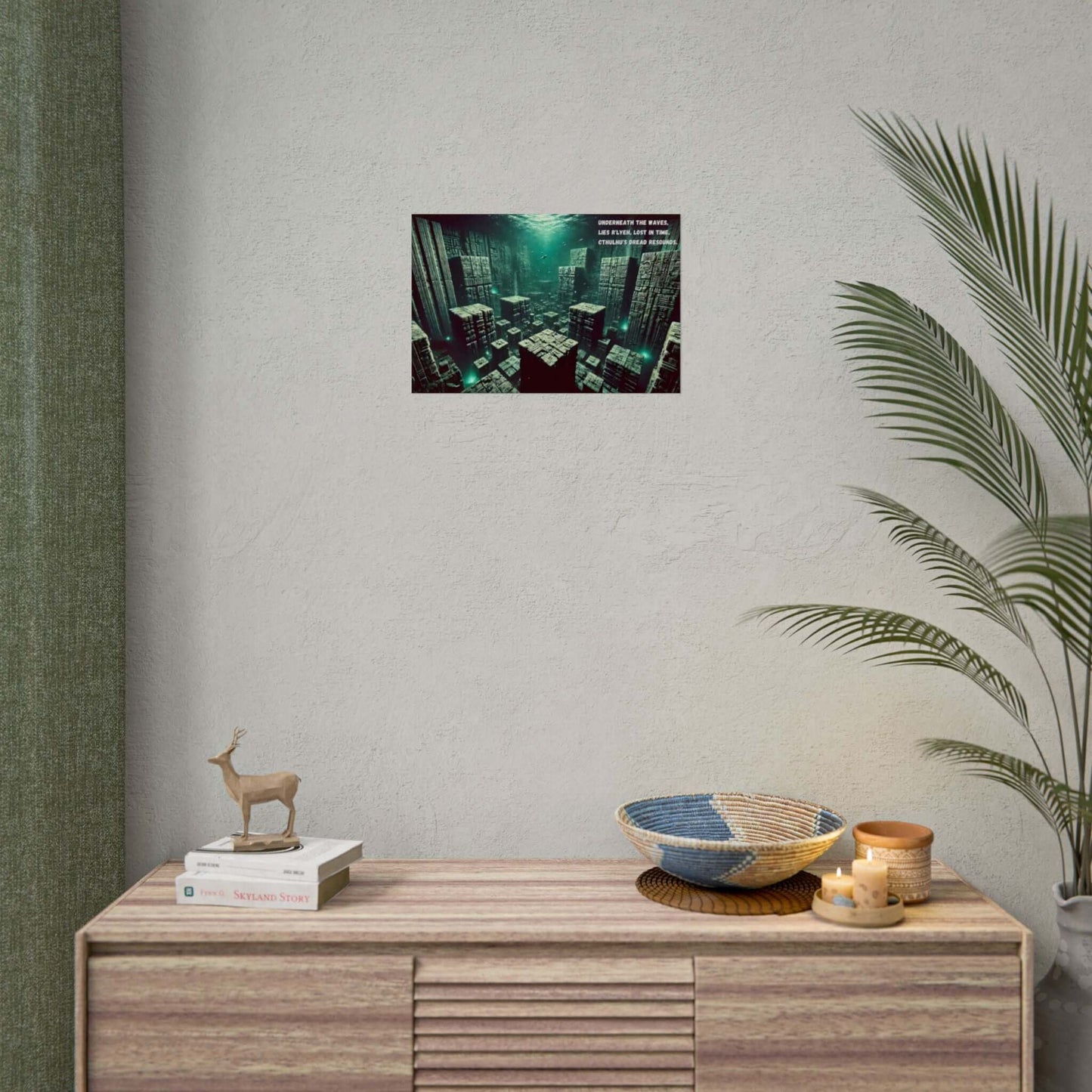 "Submerged R’lyeh Haunting Deep-Sea Haiku Poster Wall Art Featuring Cyclopean Structures and Cthulhu in an Otherworldly Atmosphere"