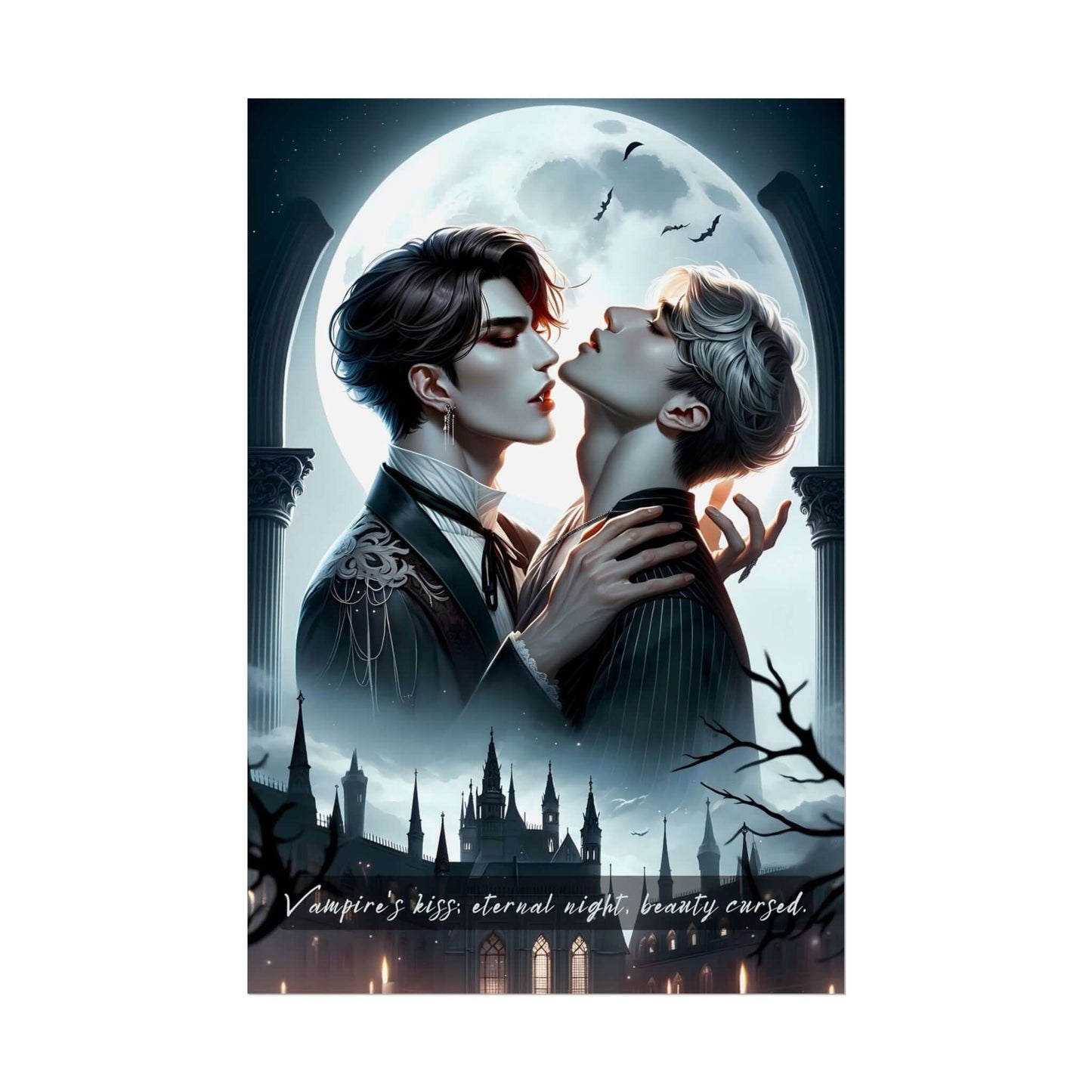 Vampire and human K-Pop idols in Gothic romance, moonlit kiss, six-word story inspired "Vampire's kiss; eternal night, beauty cursed" poster art.