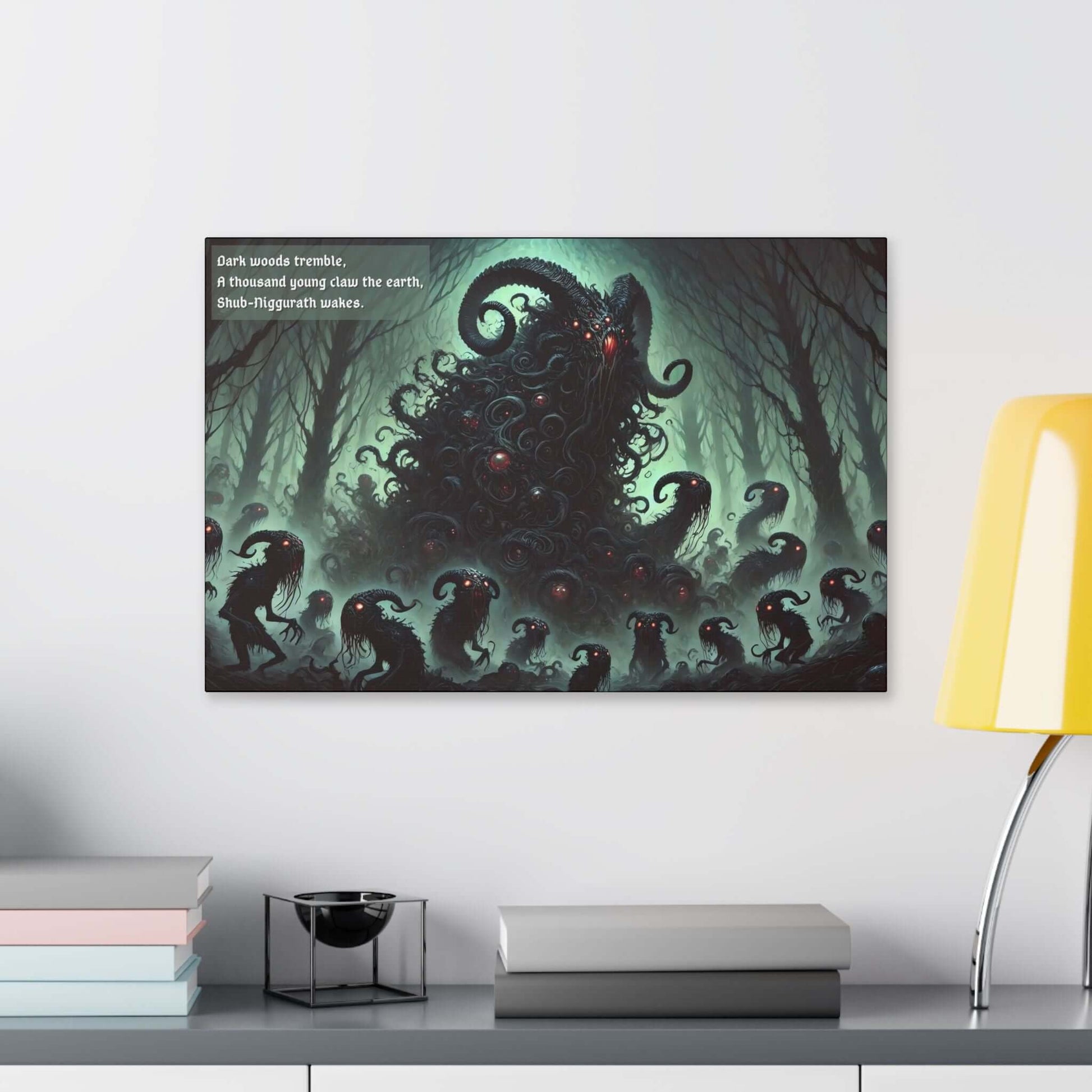 Dark Lovecraft horror canvas wall art of Shub-Niggurath awakening in dark woods with haiku inscription, eerie tendrils, and pale green sky.