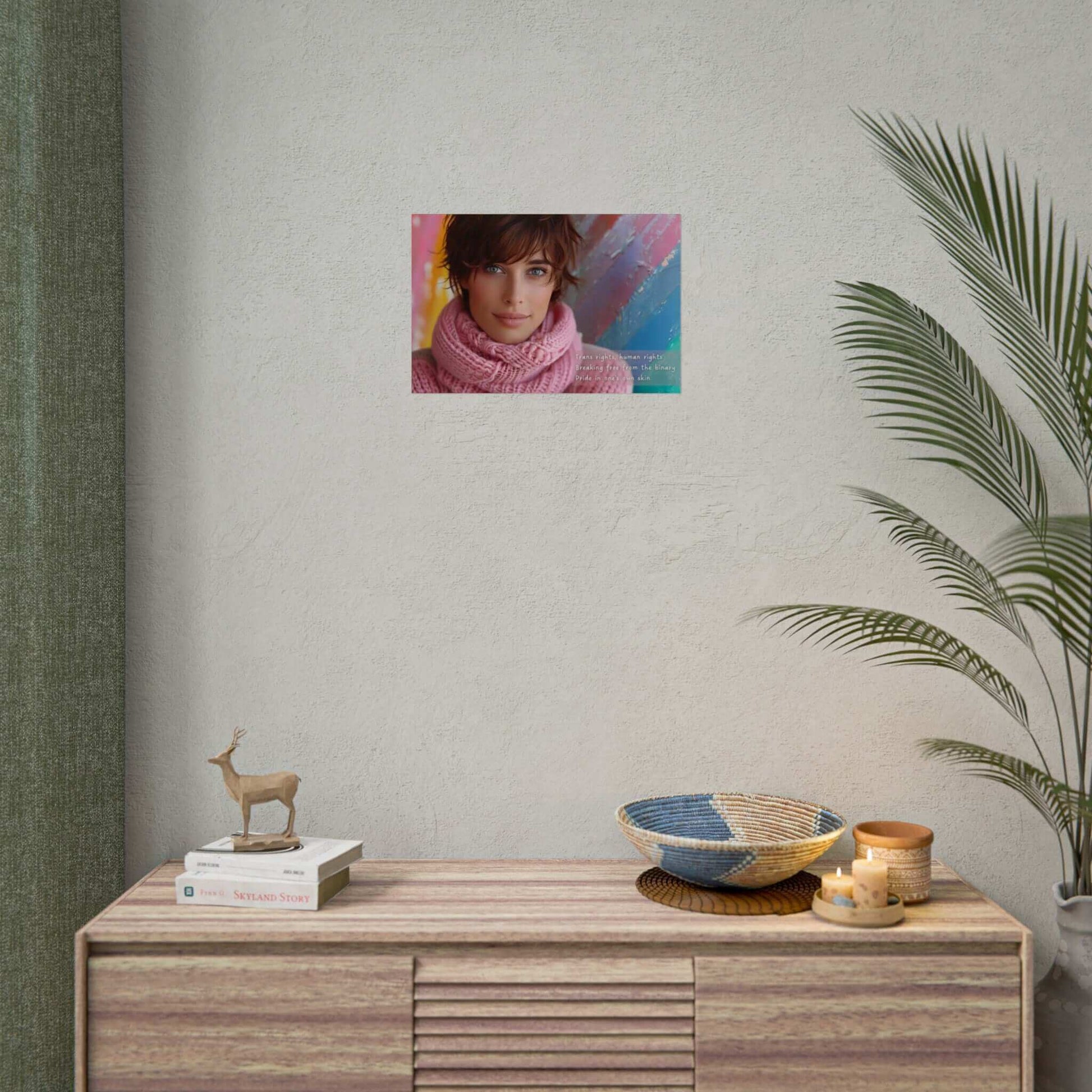 Trans rights poster wall art with serene portrait on modern decor setup, celebrating pride and individuality.