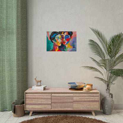 Vibrant abstract couple poster celebrating love beyond societal norms, inspired by empowering haiku, displayed in a modern living room setting.