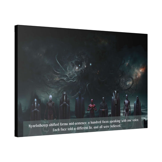 Nyarlathotep Deceives canvas wall art depicting Lovecraftian horror with the Crawling Chaos in a cosmic, eerie landscape.