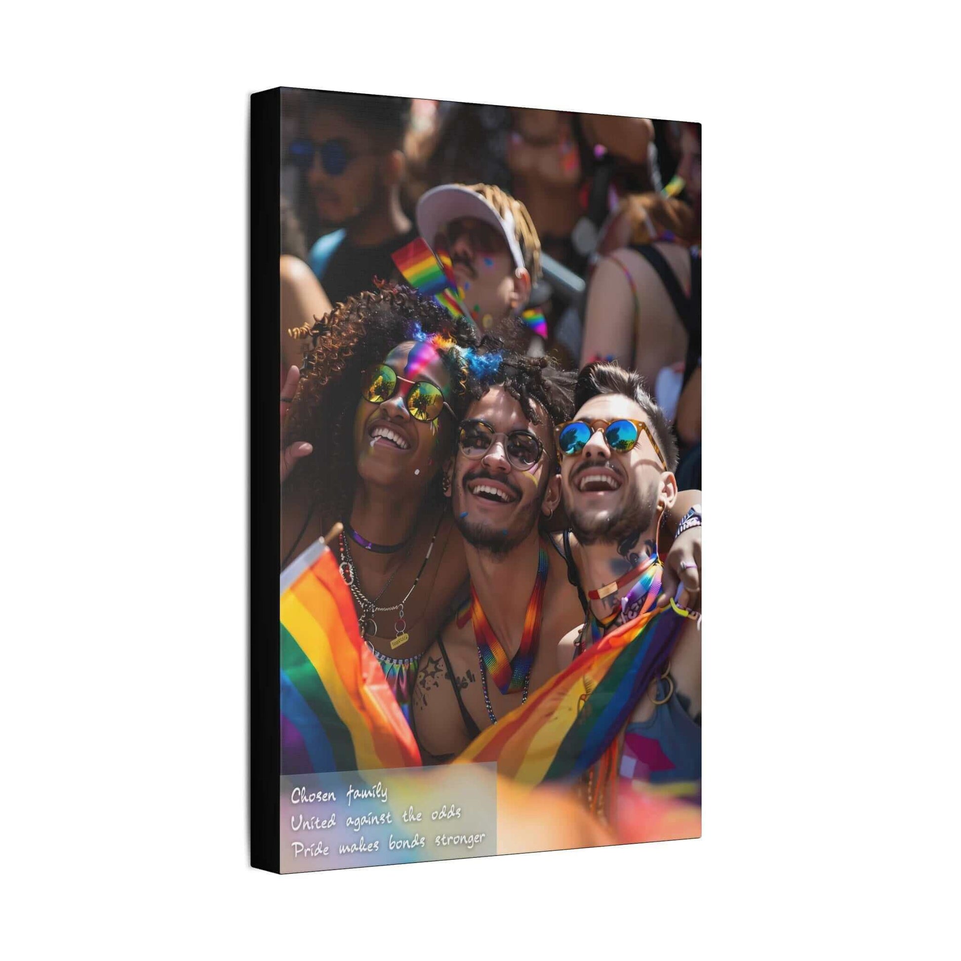 Canvas wall art of a happy and vibrant group of friends celebrating Pride, adorned in rainbow accessories, symbolizing unity and chosen family.