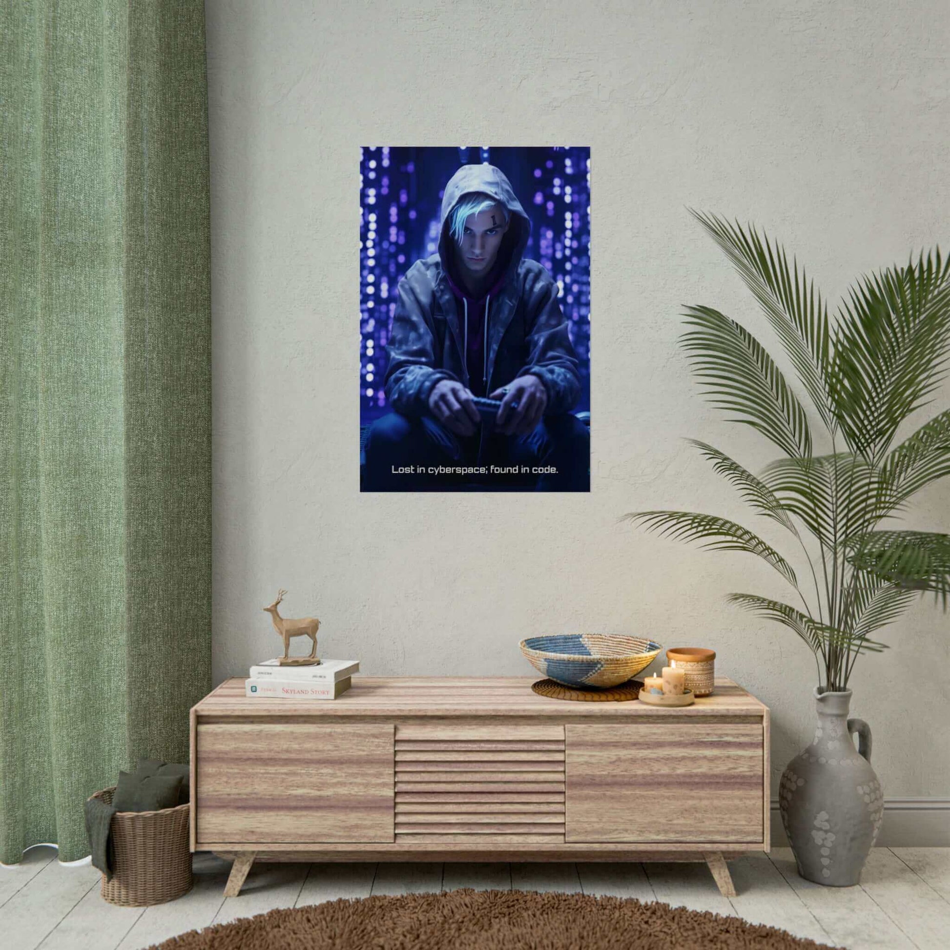 A young person with white hair, wearing a hooded jacket, intently focuses on a handheld device against a backdrop of glowing digital lights. The text at the bottom reads, "Lost in cyberspace; found in code." This Cyberpunk Poster Wall Art titled 'Cyberspace Epiphany' by Printify exquisitely captures the essence of futuristic technology.