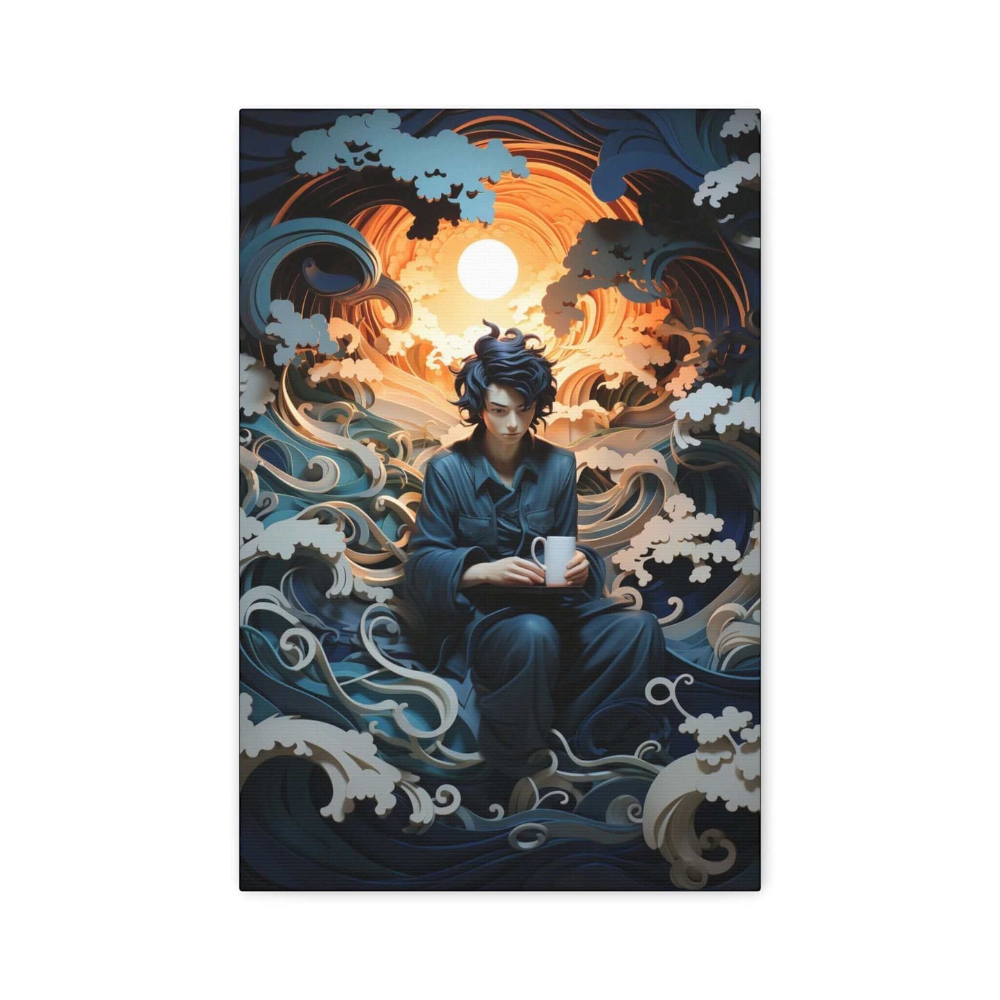 Introducing "Contemplation on the Waves: Japanese-Inspired Layered Paper Fantasy Canvas Wall Art" by Printify. This exquisite digital artwork features a figure in dark clothing, holding a mug and seated serenely amidst swirling waves and white foamy crests. The background showcases a brilliant full moon that casts an ethereal glow, enhancing the mystical ambiance with stylized clouds.