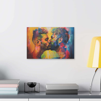 Love Blooms Vibrant Pride Celebration Canvas Wall Art depicting two men in a passionate, colorful moment, inspired by an electrifying haiku.