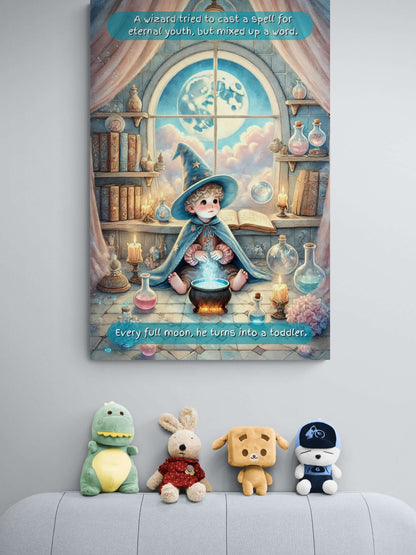 Whimsical magical poster wall art featuring a young wizard casting a spell with candles, potions, and books for a child's room fantasy decor