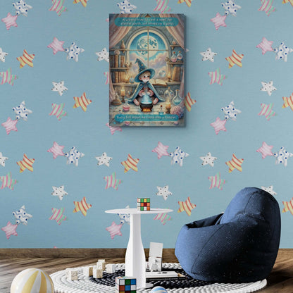 Whimsical & Magical Poster Wall Art for a Child's Room featuring a young wizard with glowing candles, potions, and ancient books.