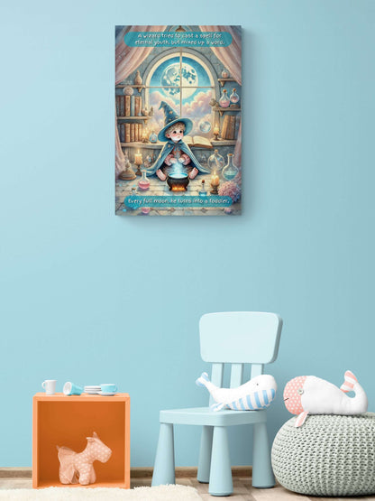 Whimsical magical poster wall art in child's room with young wizard, glowing candles, and bubbling potions under full moon.