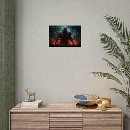 In a dark and ominous scene, a massive tentacled creature with glowing red eyes emerges from a fiery and smoky background. Text on the left reads: "STARS REALIGN NOW, ELDER HORROR STIRS AWAKE, LOVECRAFTIAN HORROR APPROACHES." This stunning artwork is the Cthulhu Rises Poster Wall Art by Printify, inspired by chilling haiku.