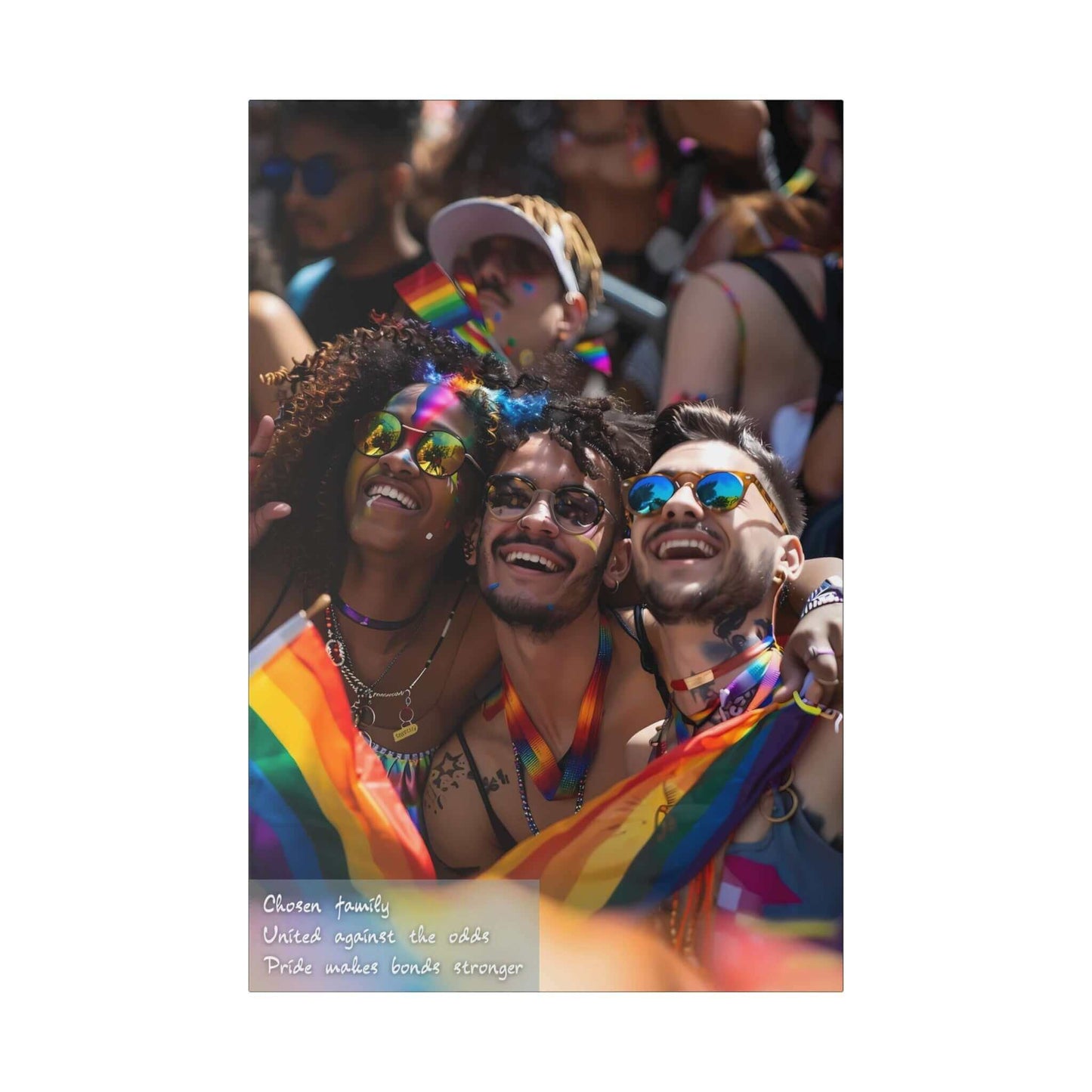 Vibrant chosen family celebrating Pride with rainbow accessories, inspired by a resilient haiku. Joyful group of friends united in happiness.