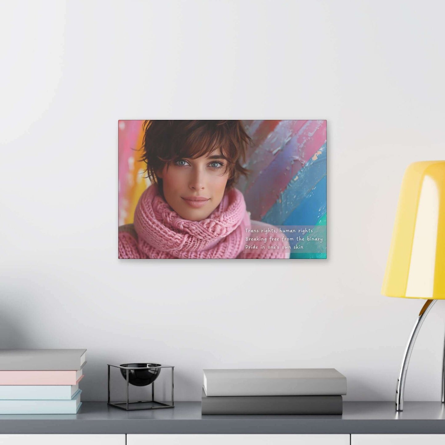 Empowering trans rights canvas wall art featuring a serene portrait with a confident expression, inspired by reflective haiku.