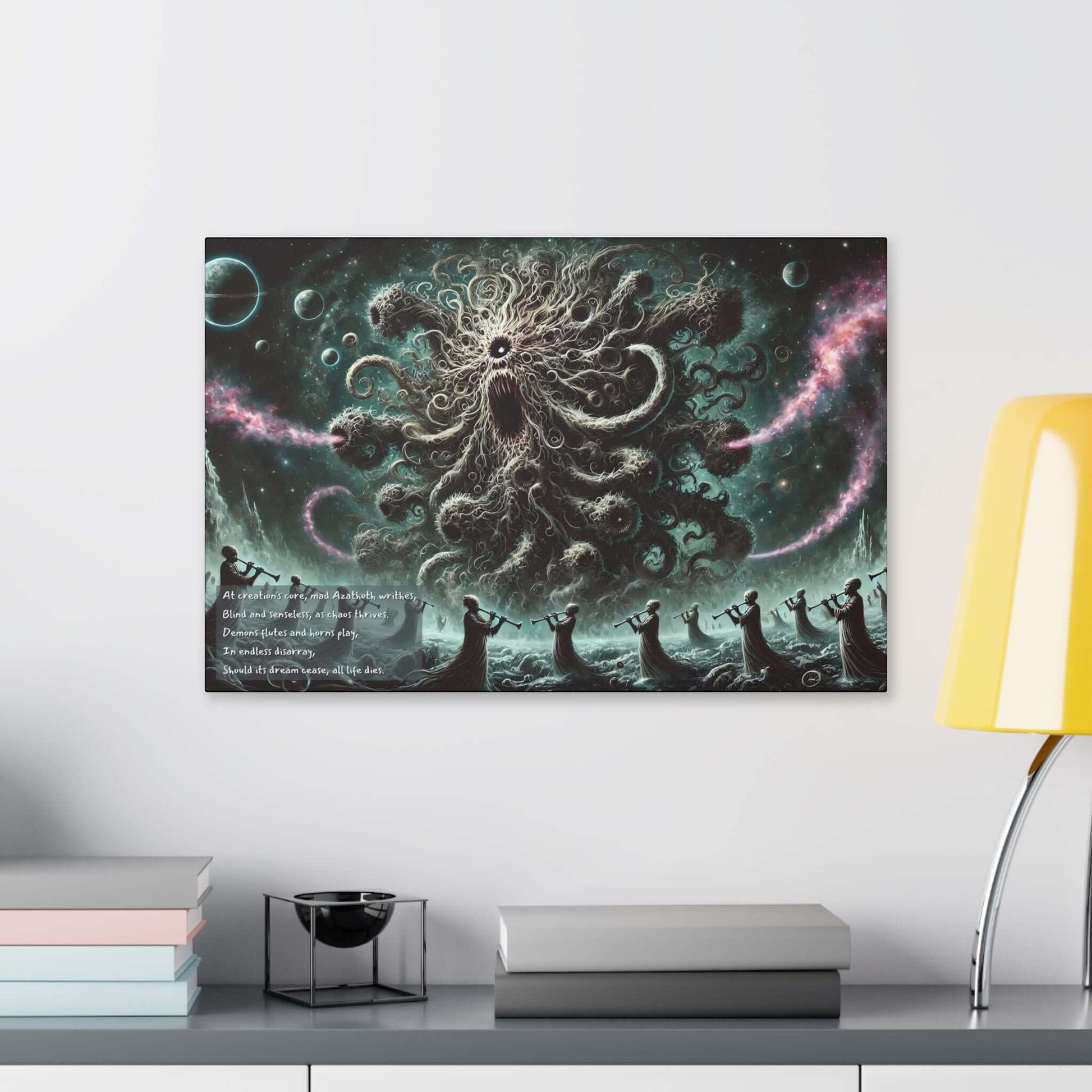 Cosmic Chaos: Azathoth Limerick-Inspired Canvas Wall Art with demonic flutes and dark hues, portraying primordial chaos in the universe.