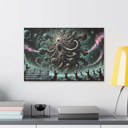 Cosmic Chaos: Azathoth Limerick-Inspired Canvas Wall Art with demonic flutes and dark hues, portraying primordial chaos in the universe.