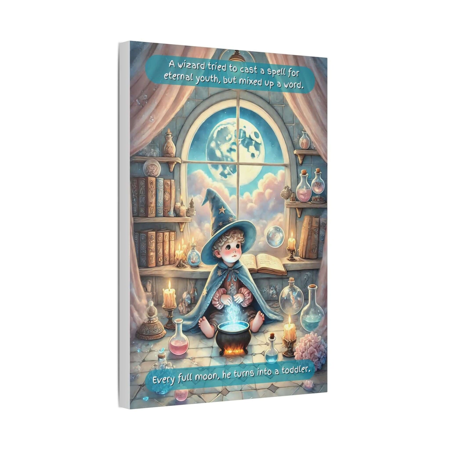 Whimsical & magical canvas wall art for a child's room depicting a young wizard amidst glowing candles, bubbling potions & ancient books under a full moon.