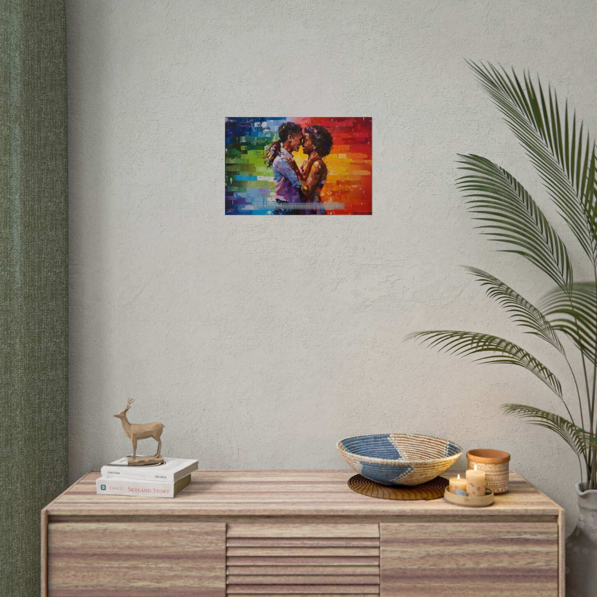 The Exuberant Gay Pride Poster Wall Art by Printify showcases a vivid, rainbow-hued painting of two women sharing an affectionate embrace, their eyes locked with love. The background transitions through a spectrum of rainbow colors. A heartfelt message at the bottom reads, "Pride Month: embracing authenticity, celebrating life!" This dynamic artwork beautifully captures the essence of the LGBTQ+ community.