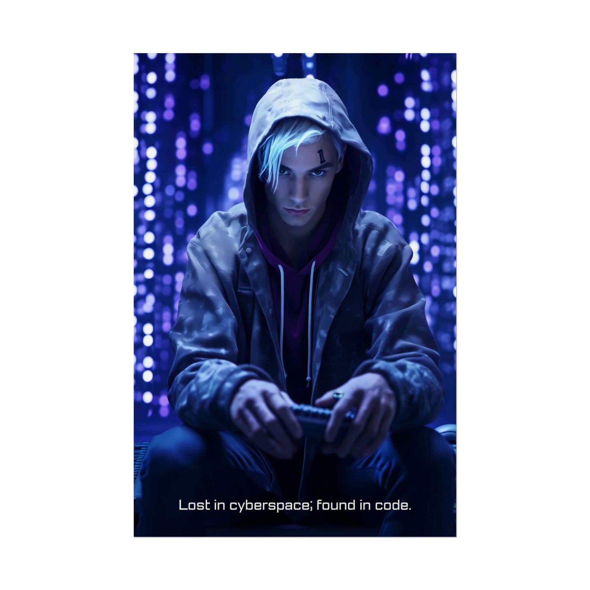 A young person with white hair, wearing a hooded jacket, intently focuses on a handheld device against a backdrop of glowing digital lights. The text at the bottom reads, "Lost in cyberspace; found in code." This Cyberpunk Poster Wall Art titled 'Cyberspace Epiphany' by Printify exquisitely captures the essence of futuristic technology.