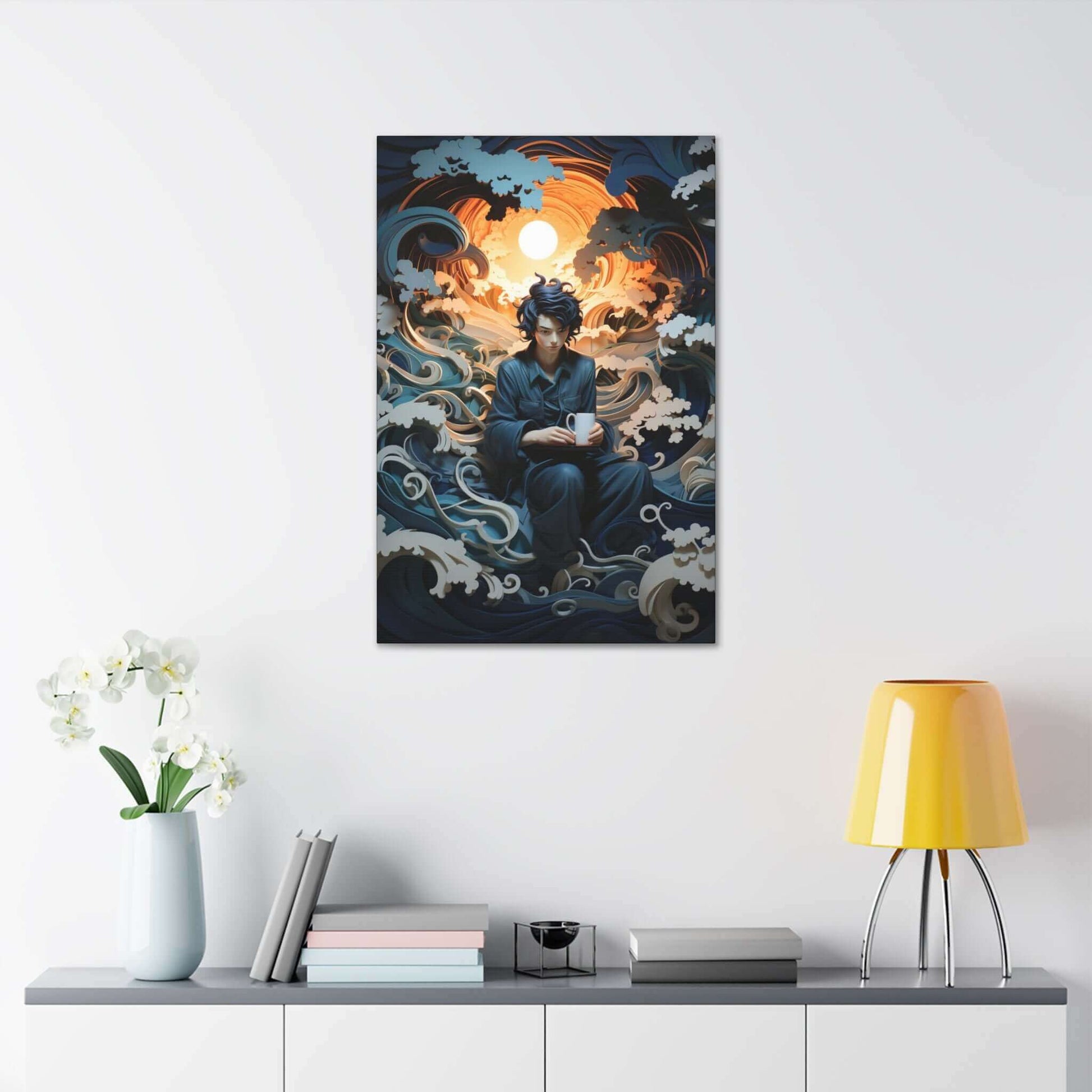 Introducing "Contemplation on the Waves: Japanese-Inspired Layered Paper Fantasy Canvas Wall Art" by Printify. This exquisite digital artwork features a figure in dark clothing, holding a mug and seated serenely amidst swirling waves and white foamy crests. The background showcases a brilliant full moon that casts an ethereal glow, enhancing the mystical ambiance with stylized clouds.