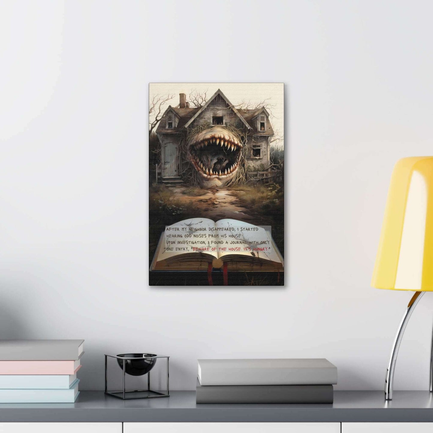 Titled "The House Hungers: Nightmare Canvas Wall Art with 2-Sentence Horror Story" by Printify, this surrealistic painting depicts a spooky, dilapidated house with a monstrous, wide-open mouth as its entrance. In the foreground lies an old book that ominously states: "AFTER MY NEIGHBOR DISAPPEARED, I STARTED HEARING ODD NOISES FROM HIS HOUSE. UPON INVESTIGATION, I FOUND A JOURNAL.”