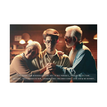 A young man stands in the center, looking nervous as he holds hands with his elderly parents. The parents embrace him warmly, showing their support. A caption below reads, "The young man nervously came out to his parents, fearing rejection. Instead, they embraced him with unconditional love and family support." This touching moment is beautifully captured in the Unconditional Love: Heartwarming Gay Pride Canvas Wall Art by Printify (PR-2S-006c), inspired by the moving 2-sentence story.