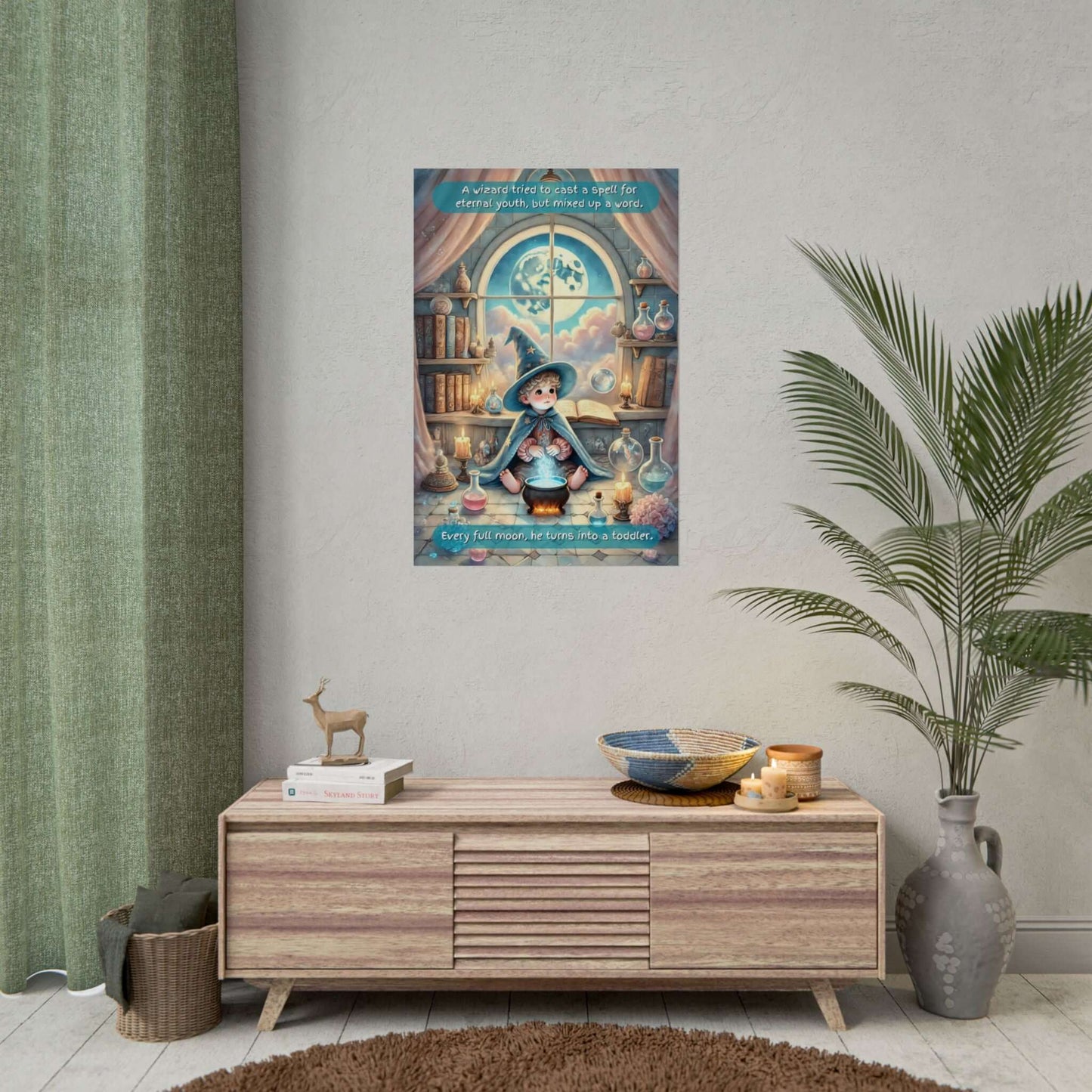 Whimsical magical poster of young wizard casting a spell, perfect fantasy wall art for a child's room, featuring glowing candles and ancient books