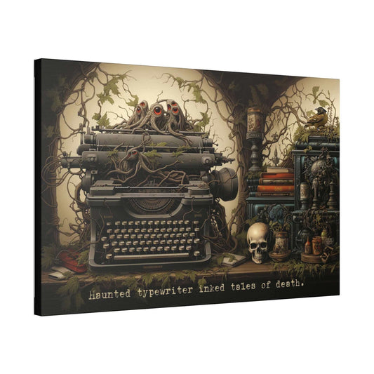 The "Tales of Death: Meticulously Detailed Gothic Typewriter Canvas Wall Art with 6-Word Story Art" by Printify showcases a spooky illustration of a haunted typewriter entwined with vines and tentacle-like objects. Haunted eyes peer from the vines, while nearby shelves hold a skull, books, and a perched raven. The words "Haunted typewriter inked Tales of Death" are written below in an eerie display of gothic art.