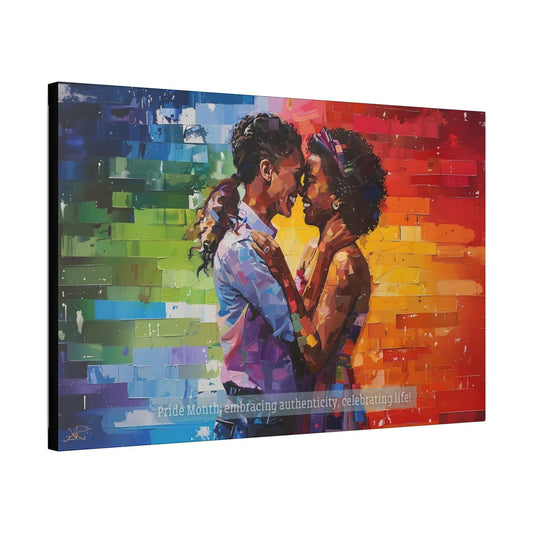 The Exuberant Gay Pride Canvas Wall Art by Printify depicts a romantic embrace between two women standing closely with their foreheads touching. The background features a vibrant rainbow of colors, symbolizing LGBTQ+ pride. Below them, the text reads "Pride Month: embracing authenticity, celebrating life within the LGBTQ+ community.