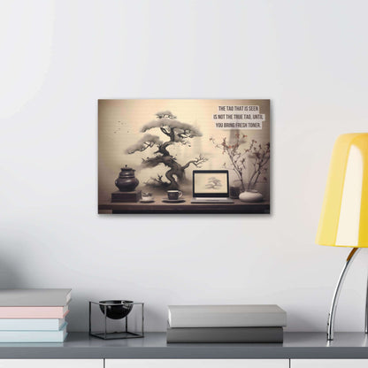 A minimalistic, Asian-themed room features the Printify Asian-Inspired Canvas Wall Art with Bonsai & Clever Haiku alongside Chinese wall art. A potted bonsai, teapot, cup, and framed photo of the same tree adorn a shelf. On the right, a modern yellow desk lamp is partially visible. The canvas reads, "The Tao that is seen is not the true Tao.