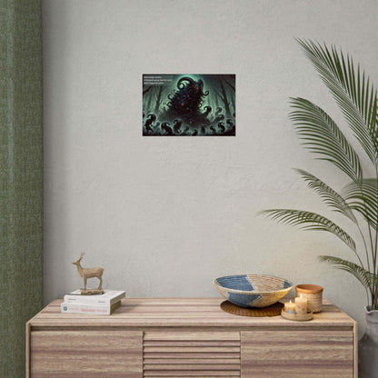 Dark Lovecraft Horror Poster Wall Art "Shub-Niggurath Wakes" displayed in a modern room decor, showcasing eerie woods and eldritch terrors.