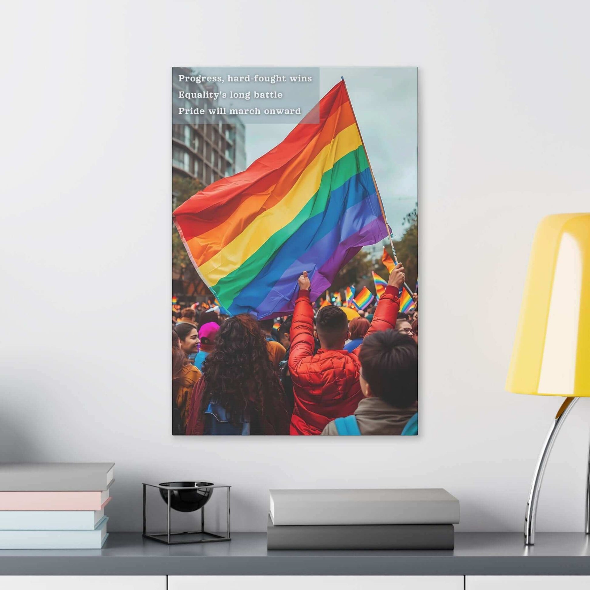 Canvas wall art featuring Pride parade with individuals waving a rainbow flag, inspired by a resilient haiku celebrating equality and progress.