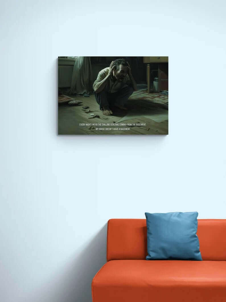 A distressed man crouches on the floor in a dimly lit room, clutching his head with both hands. Scattered papers and items lie around him. The text overlay reads: "Phantom Screams: Hyperreal Haunted Canvas Wall Art with 2-Sentence Horror Story" by Printify. "Every night I hear the phantom screams coming from the basement. My house doesn't have a basement.