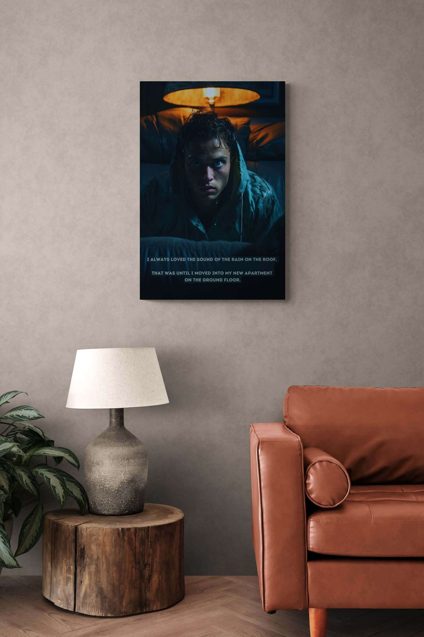 A person with wet hair and a distressed expression is sitting on a couch in a dimly lit room, illuminated by the soft glow of a lamp behind them. Text at the bottom of the image reads: "I always loved the sound of the rain on the roof. That was until I moved into my new apartment on the ground floor." This eerie snapshot captures the essence of Printify's "Dreadful Drizzle: Atmospheric Fear Canvas Wall Art with Shocking 2-Sentence Horror Story.