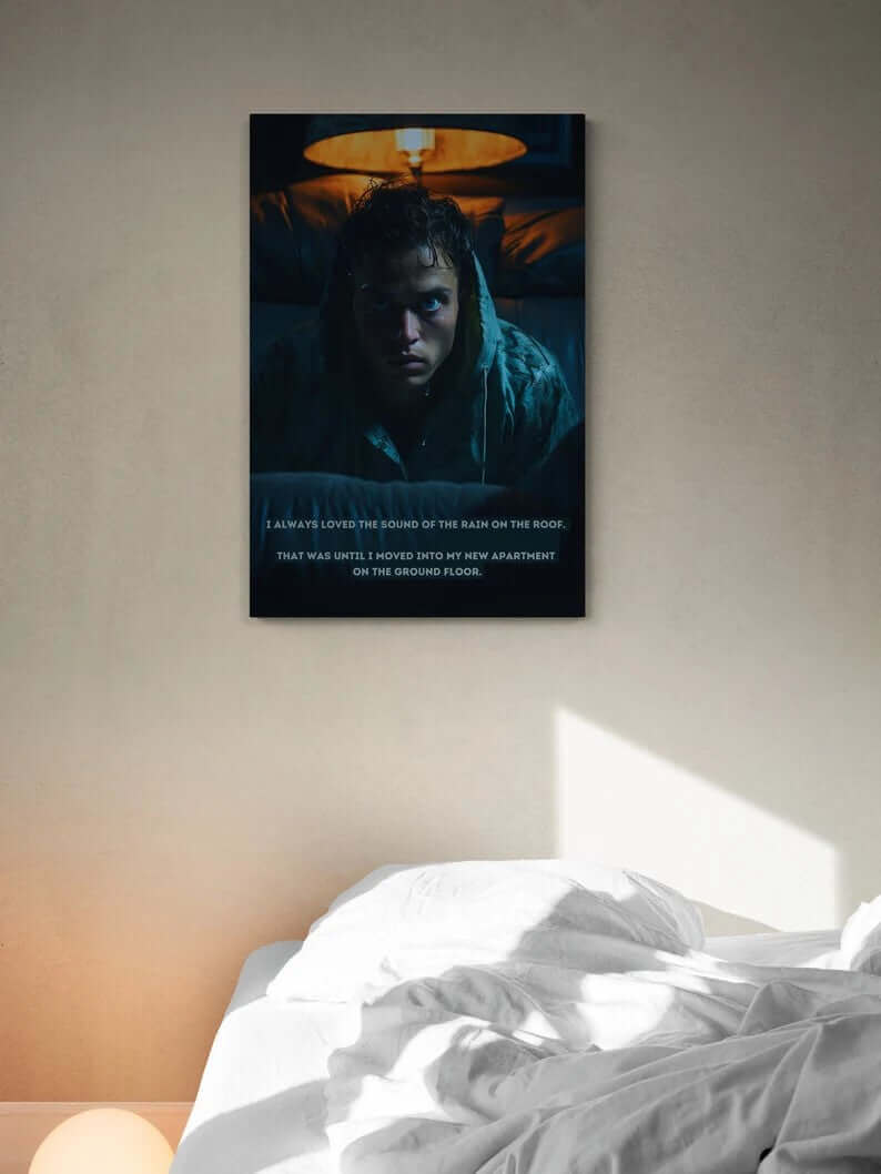 A person with wet hair and a distressed expression is sitting on a couch in a dimly lit room, illuminated by the soft glow of a lamp behind them. Text at the bottom of the image reads: "I always loved the sound of the rain on the roof. That was until I moved into my new apartment on the ground floor." This eerie snapshot captures the essence of Printify's "Dreadful Drizzle: Atmospheric Fear Canvas Wall Art with Shocking 2-Sentence Horror Story.