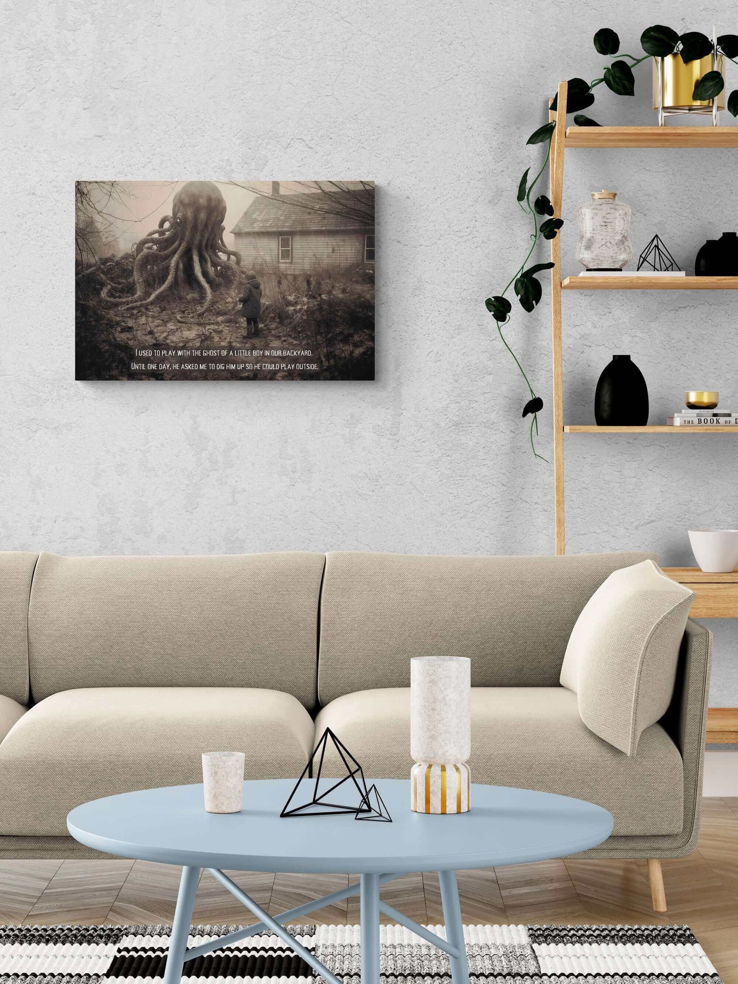 A surreal, haunting piece titled *Come Play With Me: Macabre Lovecraftian Canvas Wall Art with Haunting 2-Sentence Horror Story* from Printify depicts a large octopus-like creature with multiple tentacles in a foggy backyard near a house. A person in a hooded coat stands facing the Lovecraftian horror, while the eerie text reads, "I used to play with the ghost of a little boy in our backyard. Until one day, he asked me to dig him up so he could play.